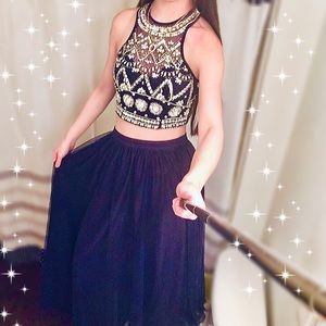 Prom Dress 2 Piece Halter Tulle Navy Blue